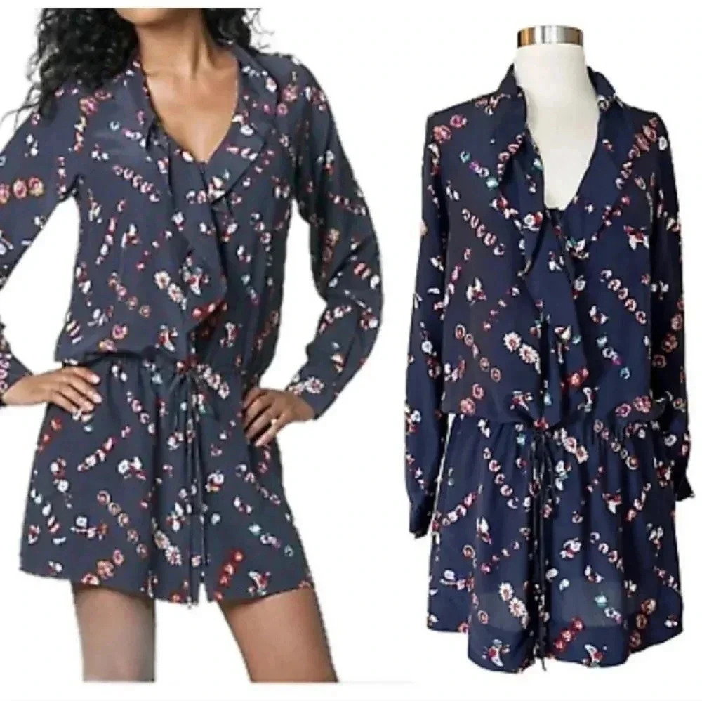 REBECCA TAYLOR 100% Silk Floral Print Drawstring Button Down Mini Dress(2)
